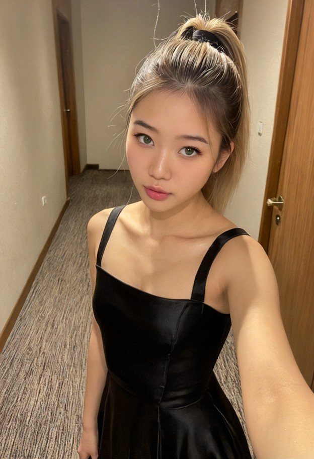 1girl standing,black dress,hallway,beige walls,wooden door,light-brown carpet,k-drama posters,nervous,solo,selfie clo…