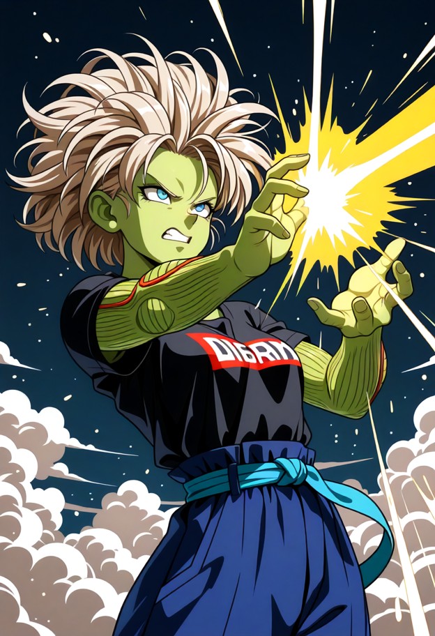 a dynamic,high-energy dragon ball z anime beam struggle climax. the powerful green-skinned alien warrior piccolo is o…