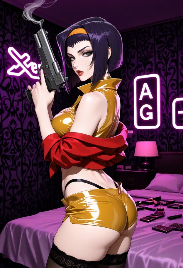 faye valentine advances forward holding a gun and exhaling smoke,open red vest,tiny yellow shorts,dark thigh-high sto…