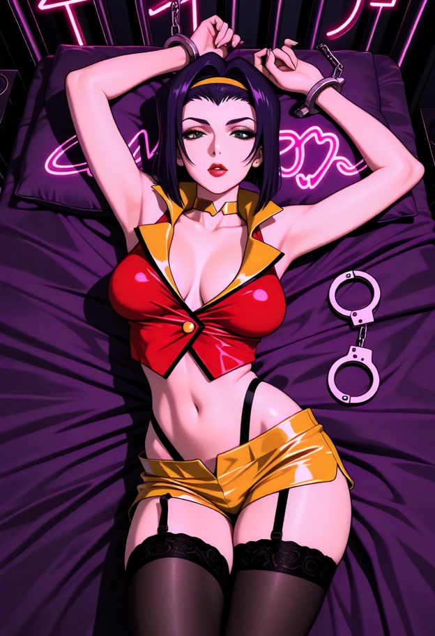 faye valentine artea lies on her back on a messy bed with wrists bound by handcuffs,solo,open red vest,tiny yellow sh…