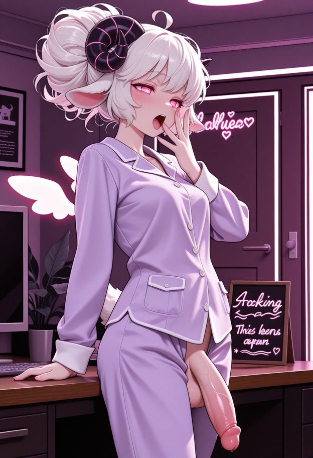 a futa standing up from behind the desk,yawning and rubbing her eyebrow,green shaggy short pajamas,office,wooden desk…