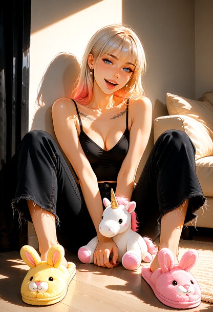 **Frame cut** Vertical full-body shot. She sits on the floor in the center of the frame from head to slippers, with e…