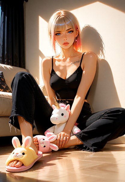 **Frame cut** Vertical full-body shot. She sits on the floor in the center of the frame from head to slippers, with e…