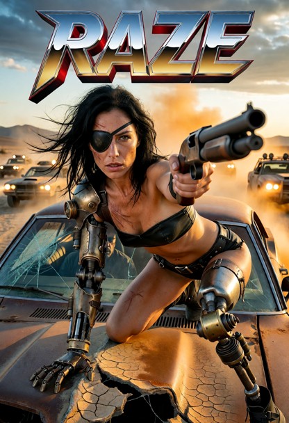 **Image Prompt (final):** Cinematic wide shot, golden-hour wasteland, bold chrome 80’s movie title “RAZE” across the …