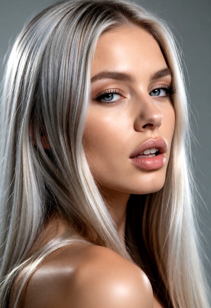 frame filling en profil portrait of a naked Kelly with parted lips, looking back into the camera with a extreme sultr…