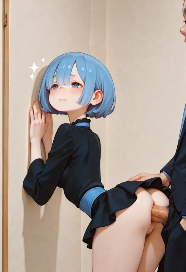 1girl,against the wall,arched back,boobs pressing wall,bending forward,maid outfit with mini skirt,very short blue bo…