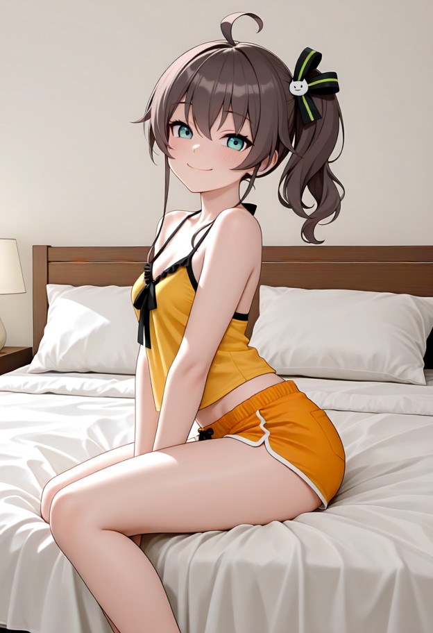 1girl,solo,sitting on bed,yellow camisole,yellow short shorts,looking at camera,happy smile,blushing,full-body view,h…