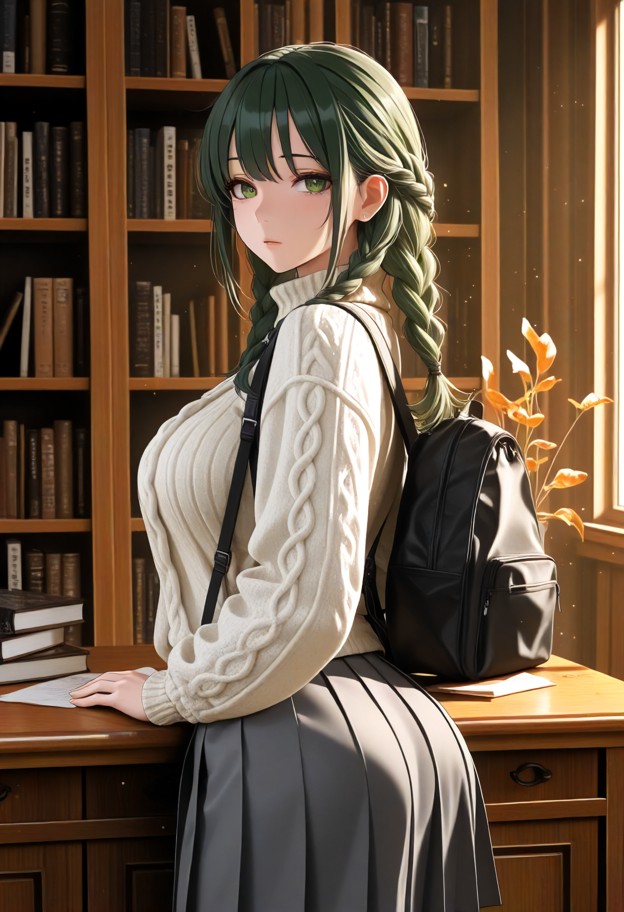 she is leans her head against the viewer's shoulder at a study table,loose cream knit sweater,grey pleated wool skirt…