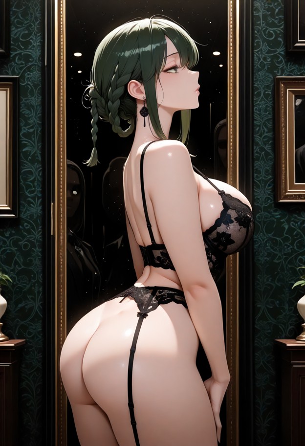 the image shows the woman in black lace lingerie with three men naked behind her,the background shows a modern bedroo…