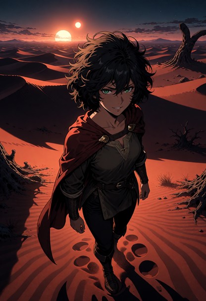 Location: a vast, open desert under a twilight sky where two suns hang low on the horizon, casting long, deep shadows…
