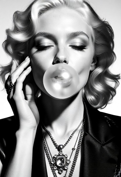 L'image est un portrait spectaculaire en noir et blanc, très contrasté, d'une femme faisant une grosse bulle de chewi…