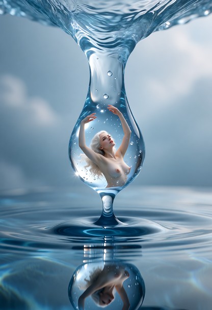 L'image est une représentation artistique visuellement saisissante d'une femme capturée à l'intérieur d'une goutte d'…