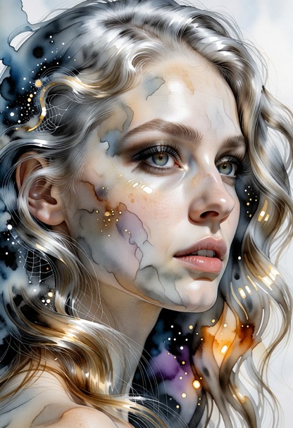 L'image est un portrait en gros plan du visage d'une femme de profil, réalisé dans un style aquarelle. La femme a la …