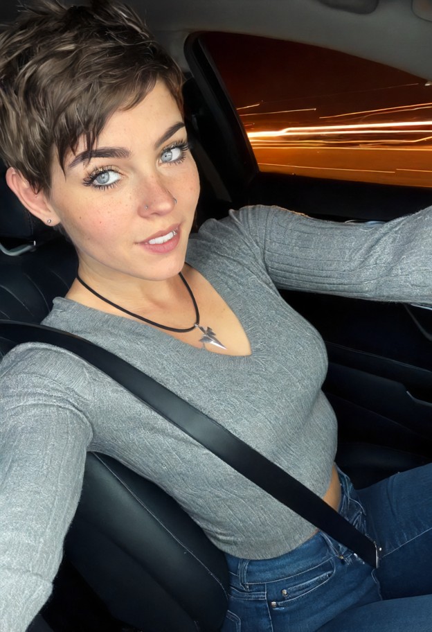 tammy rider is sitting in the driver's seat in a car,grey cotton sweater,dark denim jeans,car interior,dashboard glow…