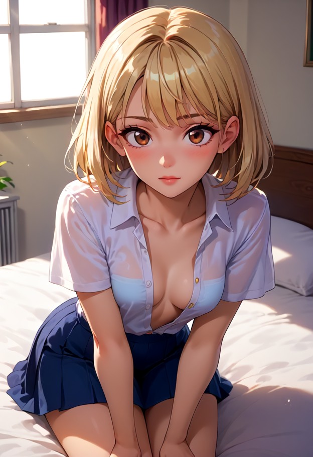 luna sits on the messy bed leaning forward and tracing a ring on her finger,white cotton school blouse,half-buttoned,…