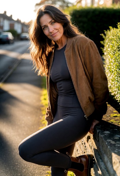 Location: late afternoon on a quiet residential street with a low stone wall and soft, golden sunlight casting long s…