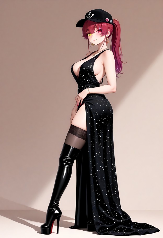 she is wearing evening dress with slit,stockings,leather thigh high boots,stiletto heels,standing,elegant ballroom,fu…