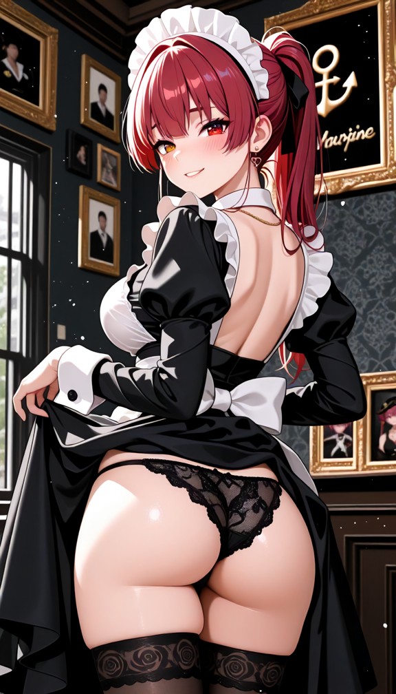 1girl,underwear,panties,ass,breasts,maid,thighhighs,black_panties,solo,maid_headdress,enmaided,indoors,clothes_lift,p…