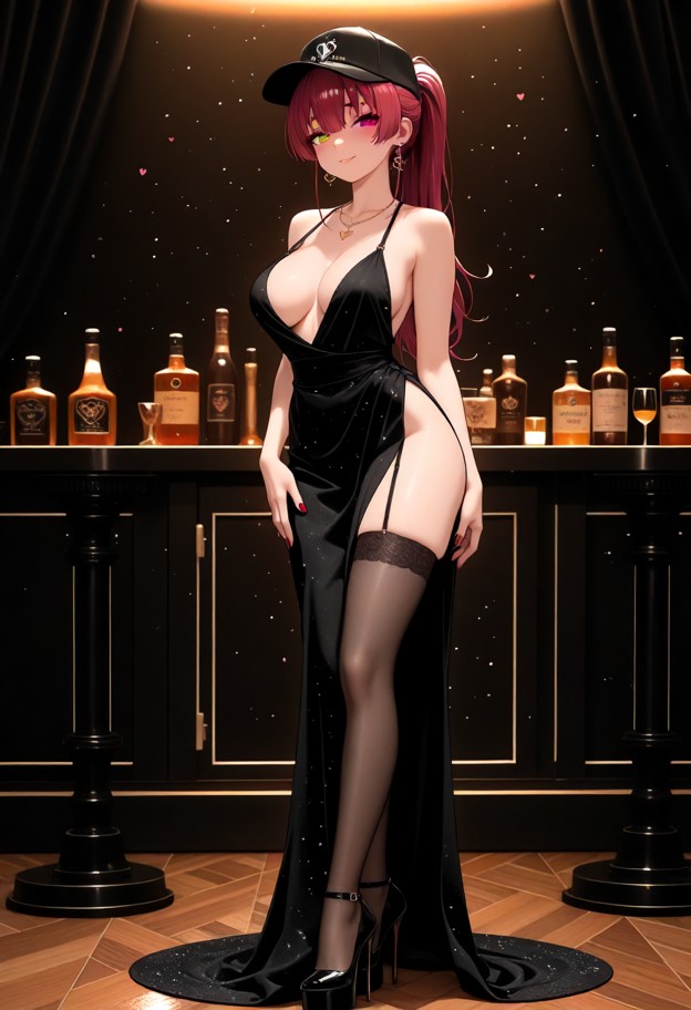 she is standing in an evening dress,evening dress,slit dress,stockings,stiletto heels,luxury ballroom,full body,cinem…