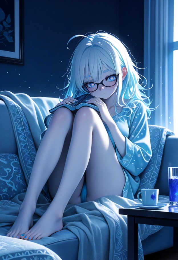pajamas,cute_pajamas,silk_pajamas,sleepwear,full-body view,head-to-toe composition,centered frame,living room,sofa,ca…
