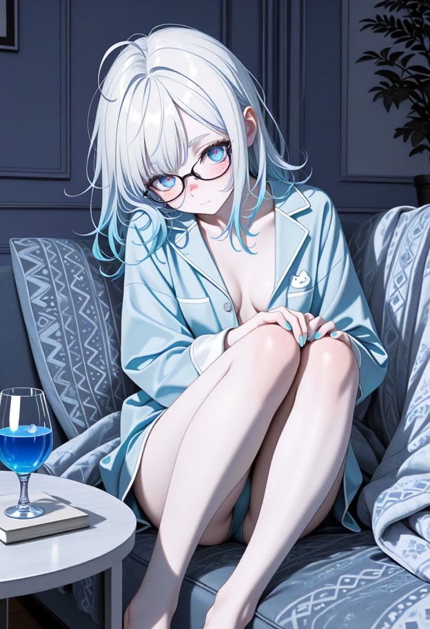 pajamas,cute_pajamas,silk_pajamas,sleepwear,full-body view,head-to-toe composition,centered frame,living room,sofa,ca…