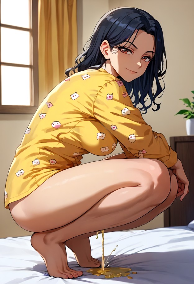 serious,serious look,focused eyes,composed face,1girl,solo,pissing,yellow liquid,squatting,naked,pajamas,cute_pajamas…