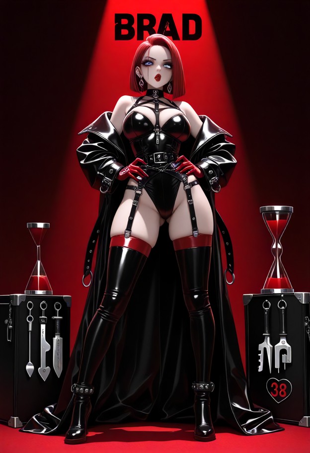 she is is standing tall with hands on hips,black latex coat,red latex thigh-high boots,red lipstick,bdsm club,leather…