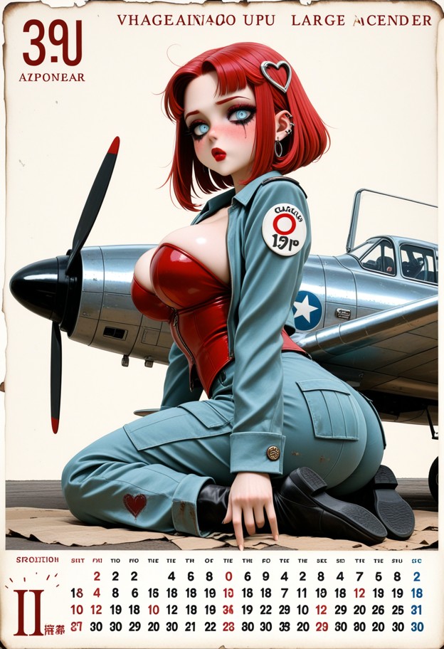 full body shot,(vintage 1940s pin-up calendar art:1.9). a cheerful woman with victory rolls hairstyle,wearing a milit…