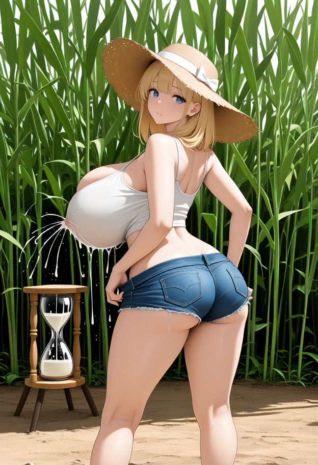 standing,she is pulling down her shorts with legs spread wide,white crop top,denim shorts pulled down to thighs,sunny…