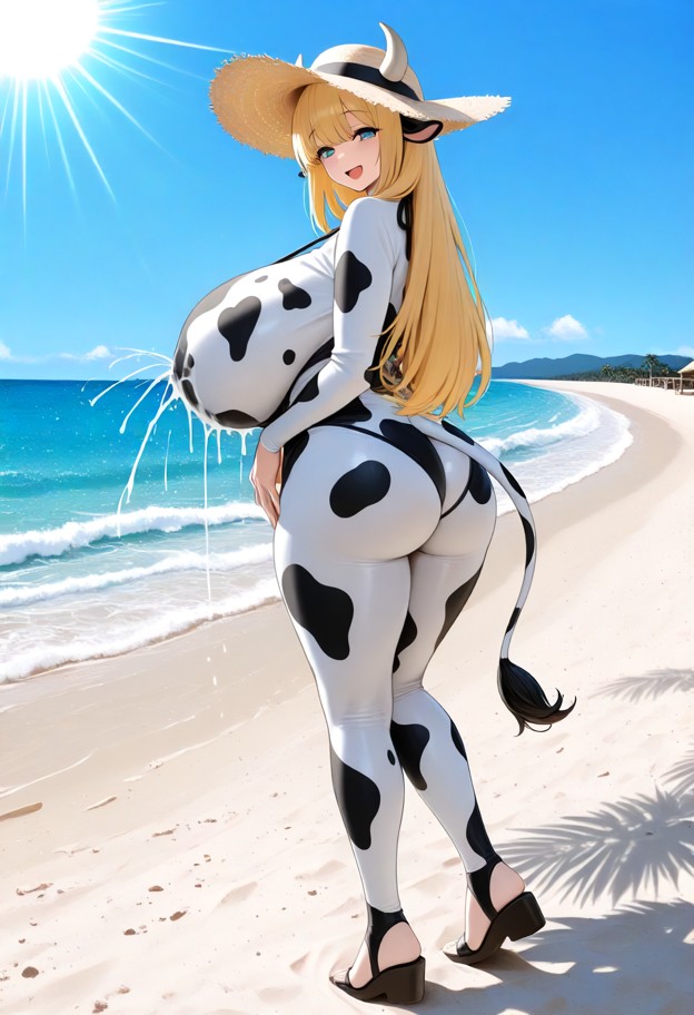 she is is standing on the beach with a happy expression,cow costume,white and black spotted cow costume,cow ears,padd…