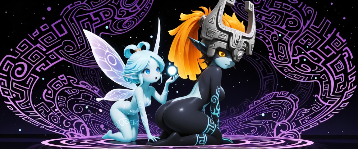 midna showing her naked body,as slowly a black shadow surrounds her,navi is glowing brithly in the back,