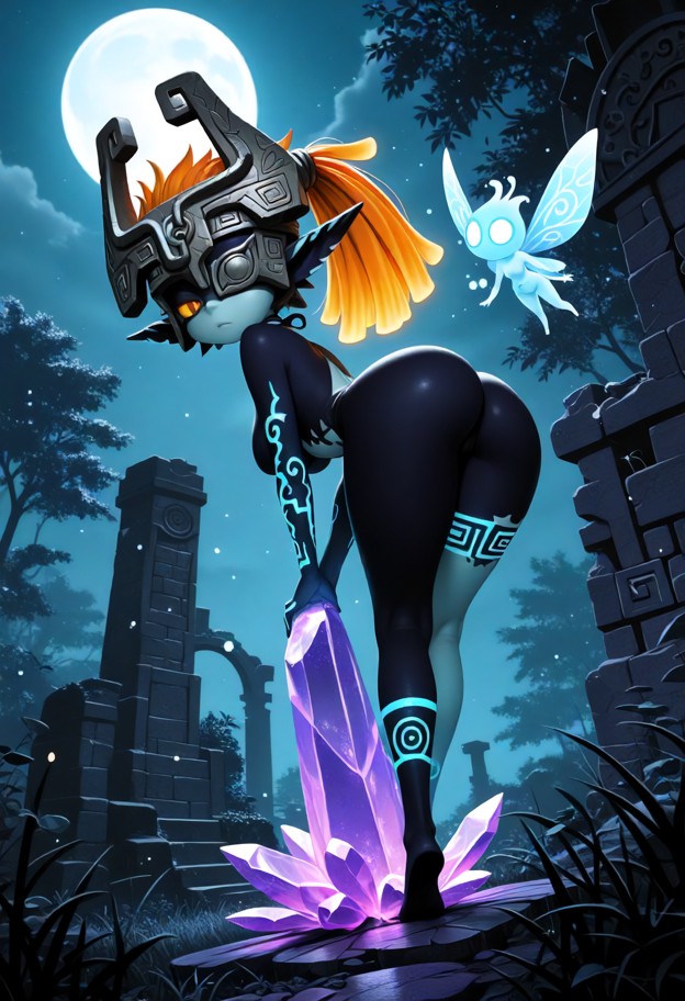 1female imp leaning forward,1female fairy being held by ankle,naked,ass,boobs,grassy field at night,ruins of a stone …