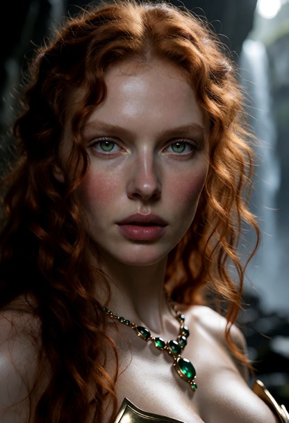 An ultra-photorealistic 8k RAW close-up portrait photograph, framed tightly from her waist up to her head, capturing …