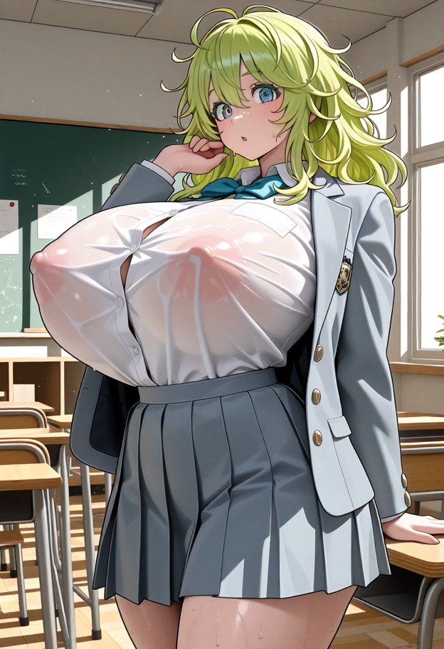she is is standing in an empty classroom and fidgeting with her hair,school uniform,grey blazer,pleated skirt,empty c…