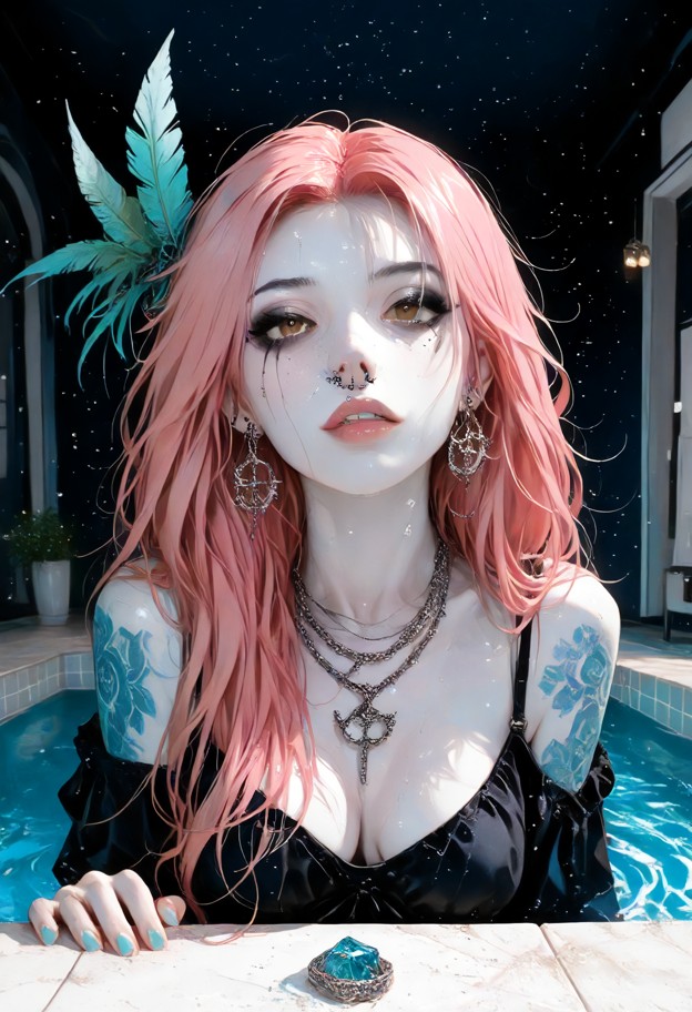 photorealistic high-fashion portrait of a glamorous woman half-submerged in a crystal-blue swimming pool,looking dire…