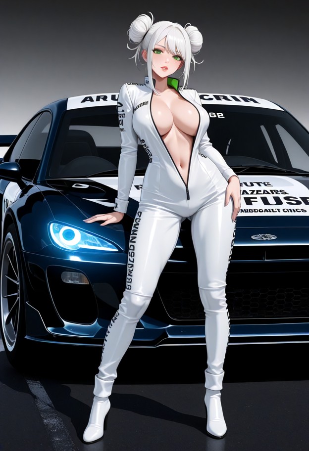1girl standing by f1 race car,wearing unzipped racing suit,showing cleavage,no bra,confident smiling face,full body s…