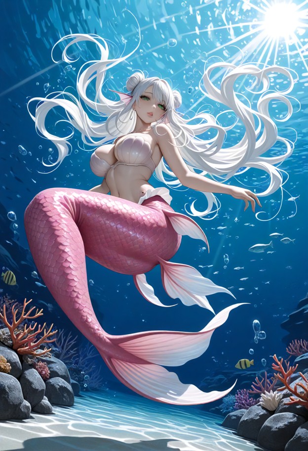 1girl,mermaid,light pink shell bra,pink tail,long flowing hair,underwater,sun rays passing through water,slight below…