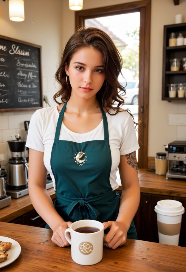 mira solen leans against the door holding the lock,simple cotton shirt,dark fabric apron,coffee shop,wooden counter,g…