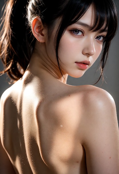 An extreme macro photorealistic fine art portrait of an artistic nude female model, faceless, head completely out of …