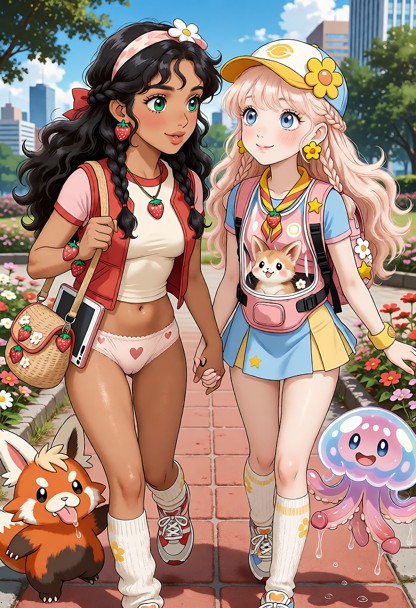 Tania and Sunnie walk hand in hand, gazing lovingly at each other and skipping along. They’re accompanied by Dickachu…