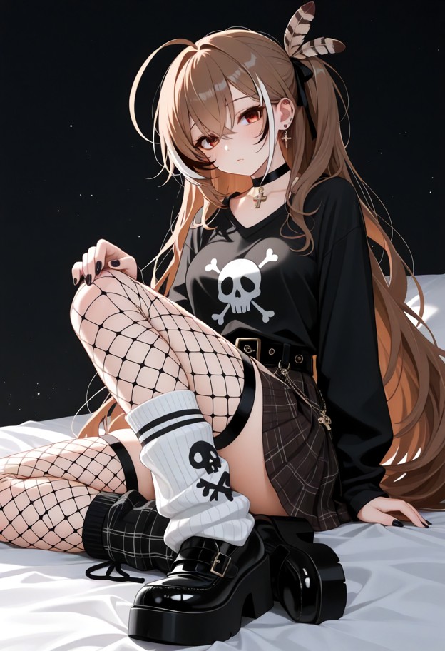mumei sits with a dazed expression and parted lips,black long-sleeved shirt with skull and red eyes,black pleated min…