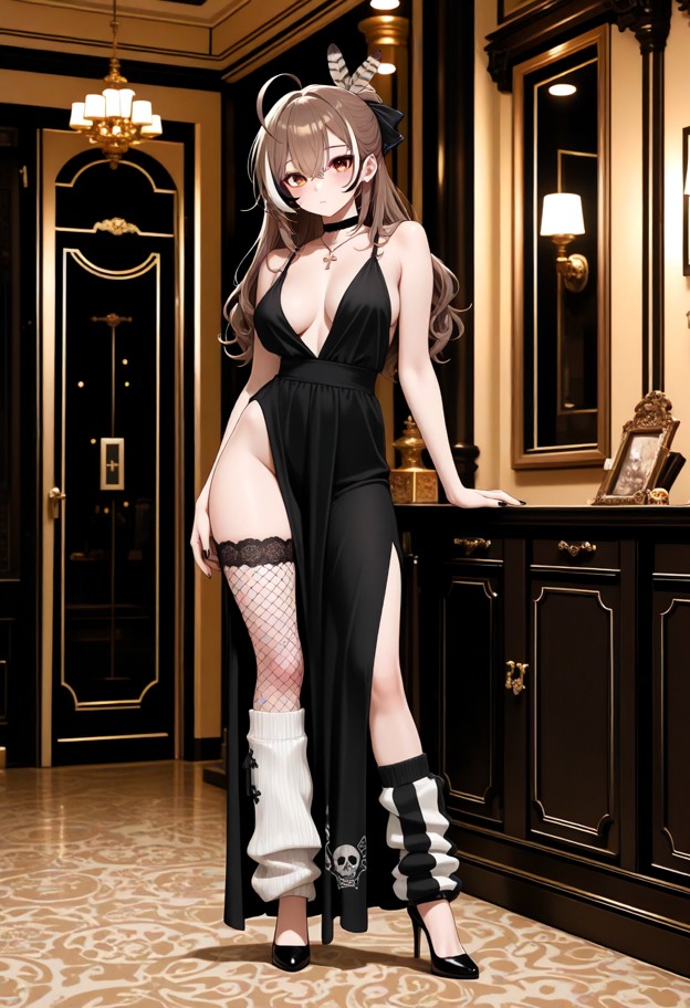 she is is standing in a ballroom,evening dress,slit dress,stockings,stiletto heels,ballroom,luxury interior,full body…