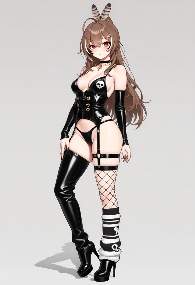 she is is posing in leather clothing,leather corset,thong,garter belt,stockings,thigh high leather boots,stiletto hee…