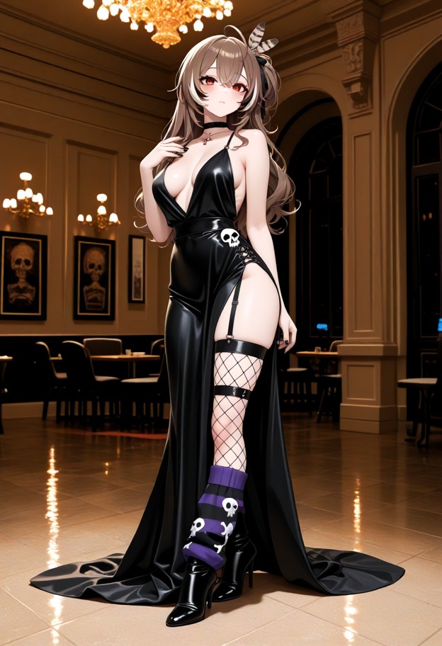she is wearing evening dress,slit dress,stockings,thigh high leather boots,stiletto heels,ballroom,full body,eye leve…