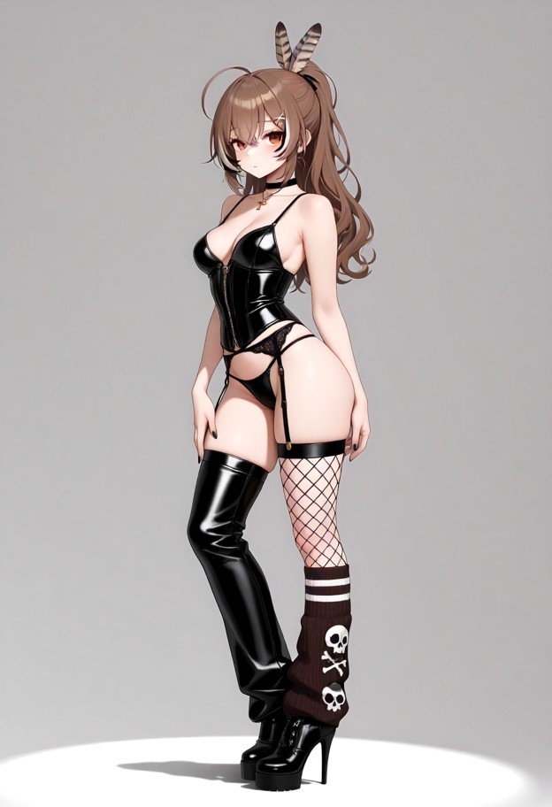 she is is posing in leather clothing,leather corset,thong,garter belt,stockings,thigh high leather boots,stiletto hee…