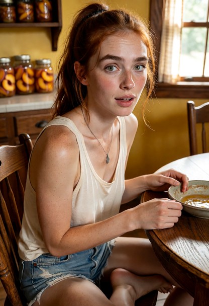 Location: warm and inviting kitchen with yellow walls, rustic wooden furniture, and jars of canned peaches on a shelf…