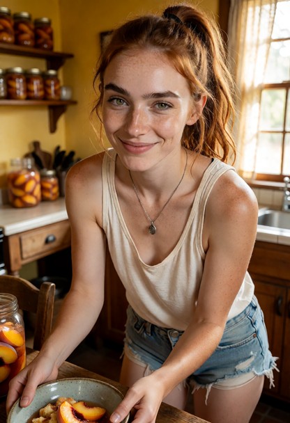 Location: warm and inviting kitchen with yellow walls, rustic wooden furniture, and jars of canned peaches on a shelf…