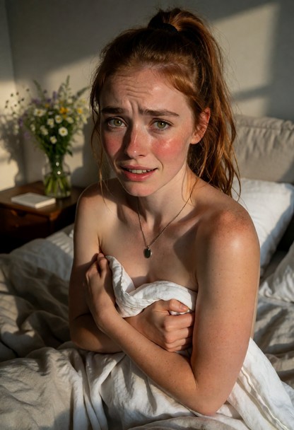 Location: cozy bedroom with soft linen sheets, a vase of wildflowers on a nightstand, and dim evening light casting l…