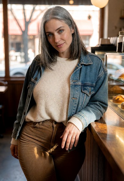 Location: cozy corner coffee shop during a quiet afternoon, with warm light filtering through large windows and refle…