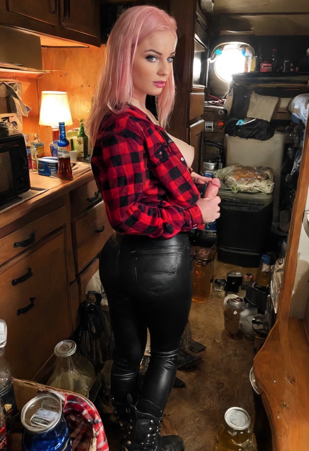 performing handjob,she is,1guy,penis,pov,dark denim jacket,red flannel shirt,black cotton leggings,worn leather boots…